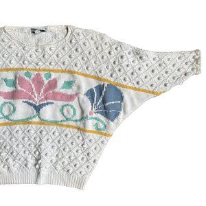 S.S.G. Catharine Lover White Sweater‎ 80s Batwing Floral Embroidered M Oversized